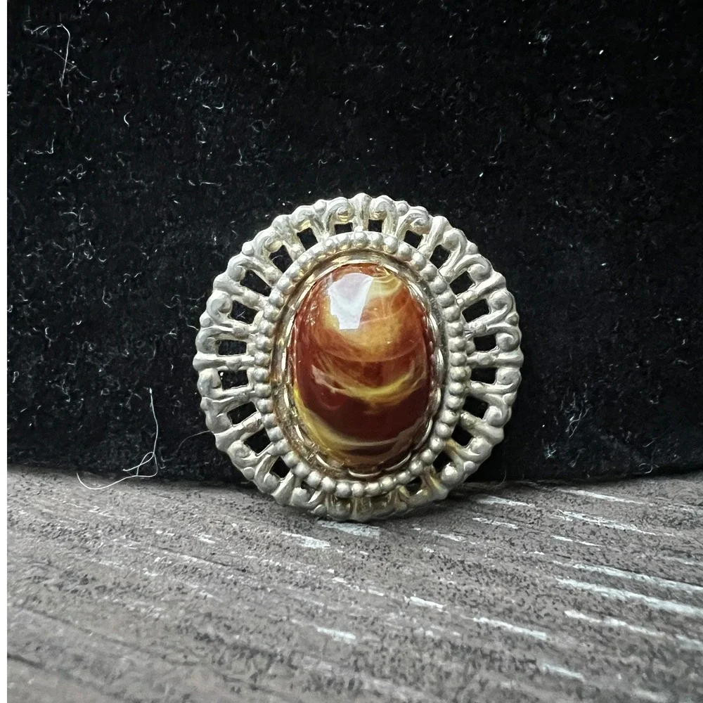 Vintage‎ Silver Tone Brooch Brown Marbled Art Glass Cabochon Mid Century Pin
